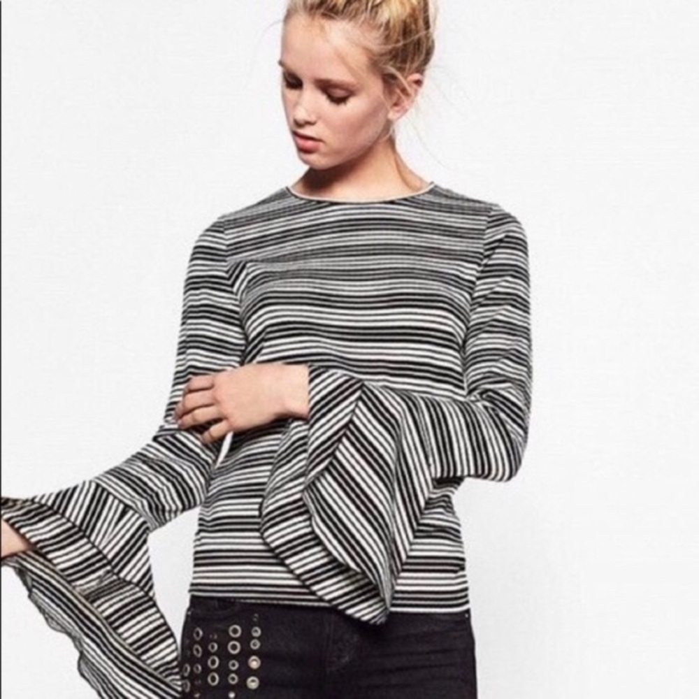 Zara Black and White Ruffled Bell Sleeve Blouse
